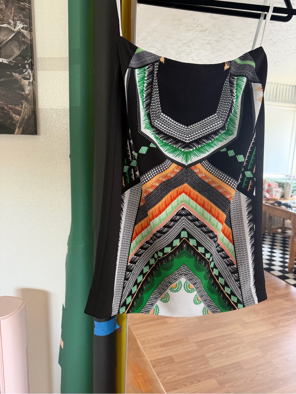 ANTONIO MELANI Black Mini Dress with Green and Orange Geometric Print